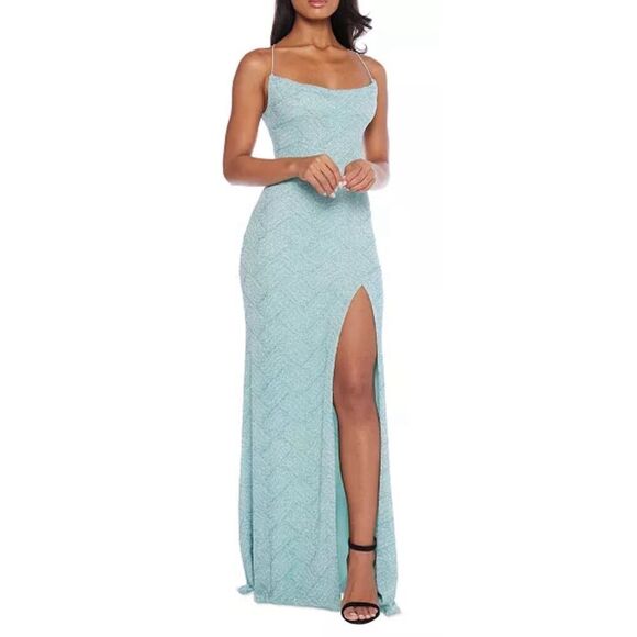 B Darlin‎ Gown Size Small Green Mint Open Back Side Slit Spaghetti Strap - Picture 1 of 11